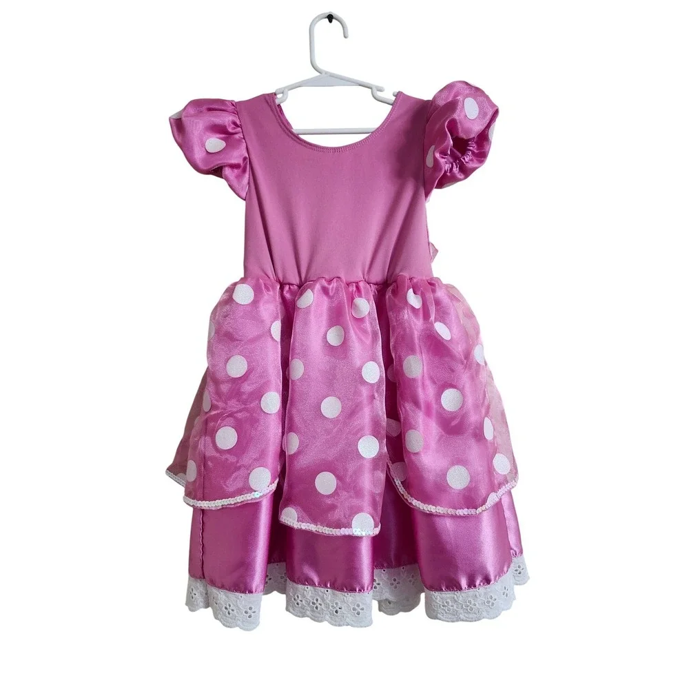 Disney Minnie Mouse Pink Polka‎ Dot Costume Dress Size 4 Rhinestone Bow Lace